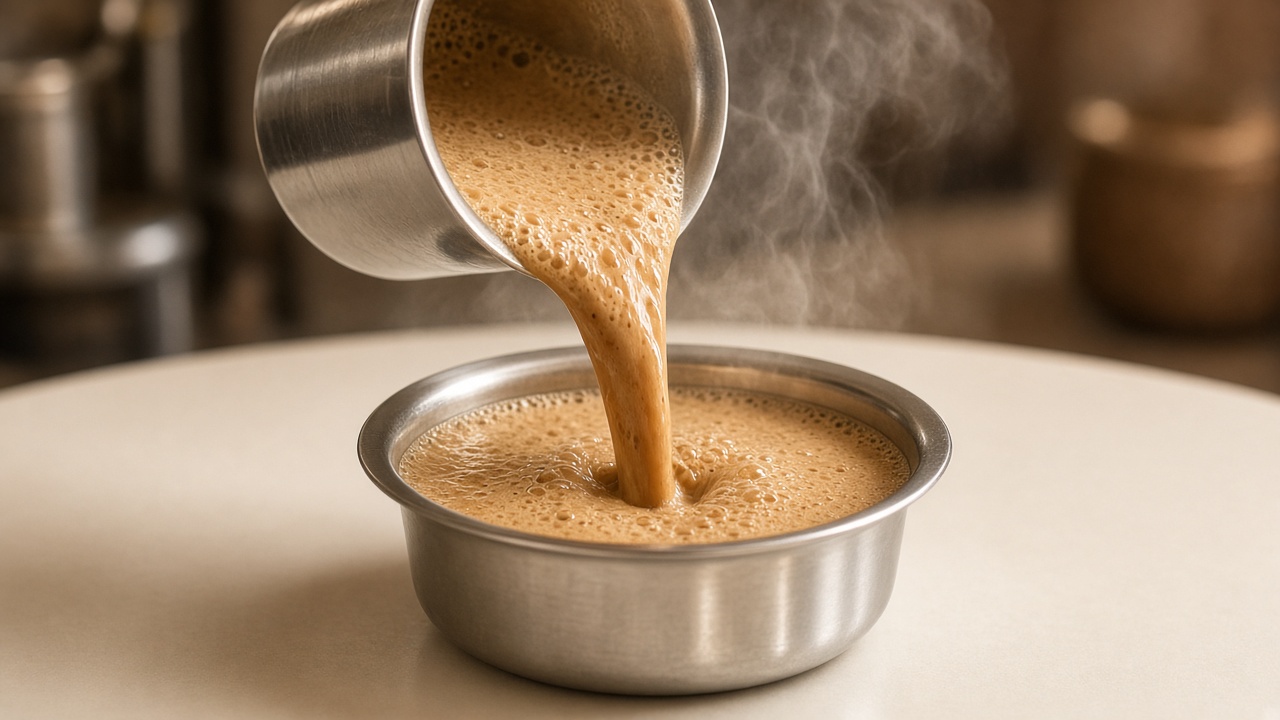 South Indian filter coffee in a steel davara and tumbler