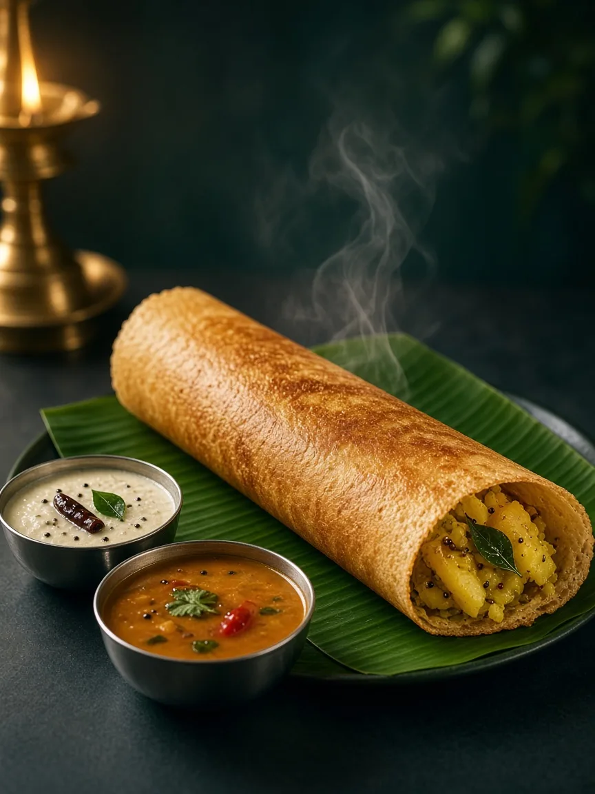 Masala dosa on a banana leaf