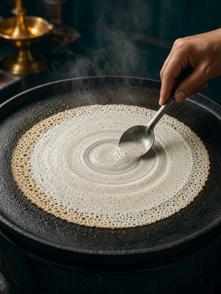 Dosa batter spread on a tawa