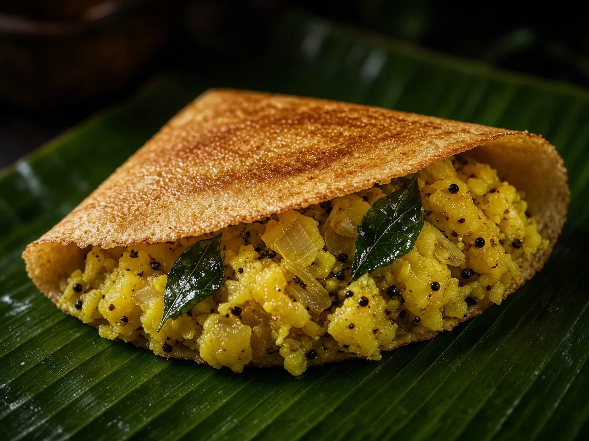 Spiced potato filling in a dosa