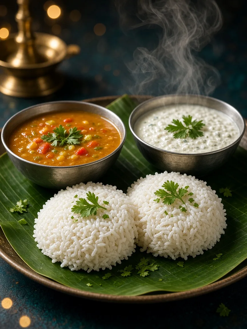 Steamed idli with sambar and chutney