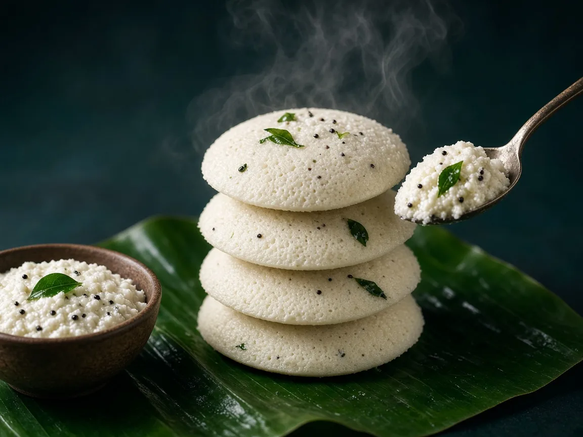 A stack of idli with coconut chutney