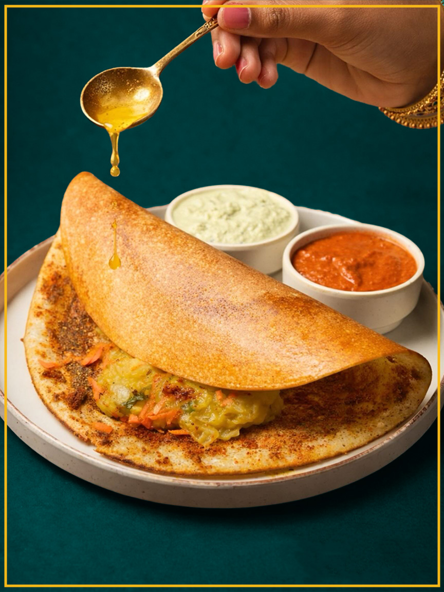 Masala dosa on a banana leaf