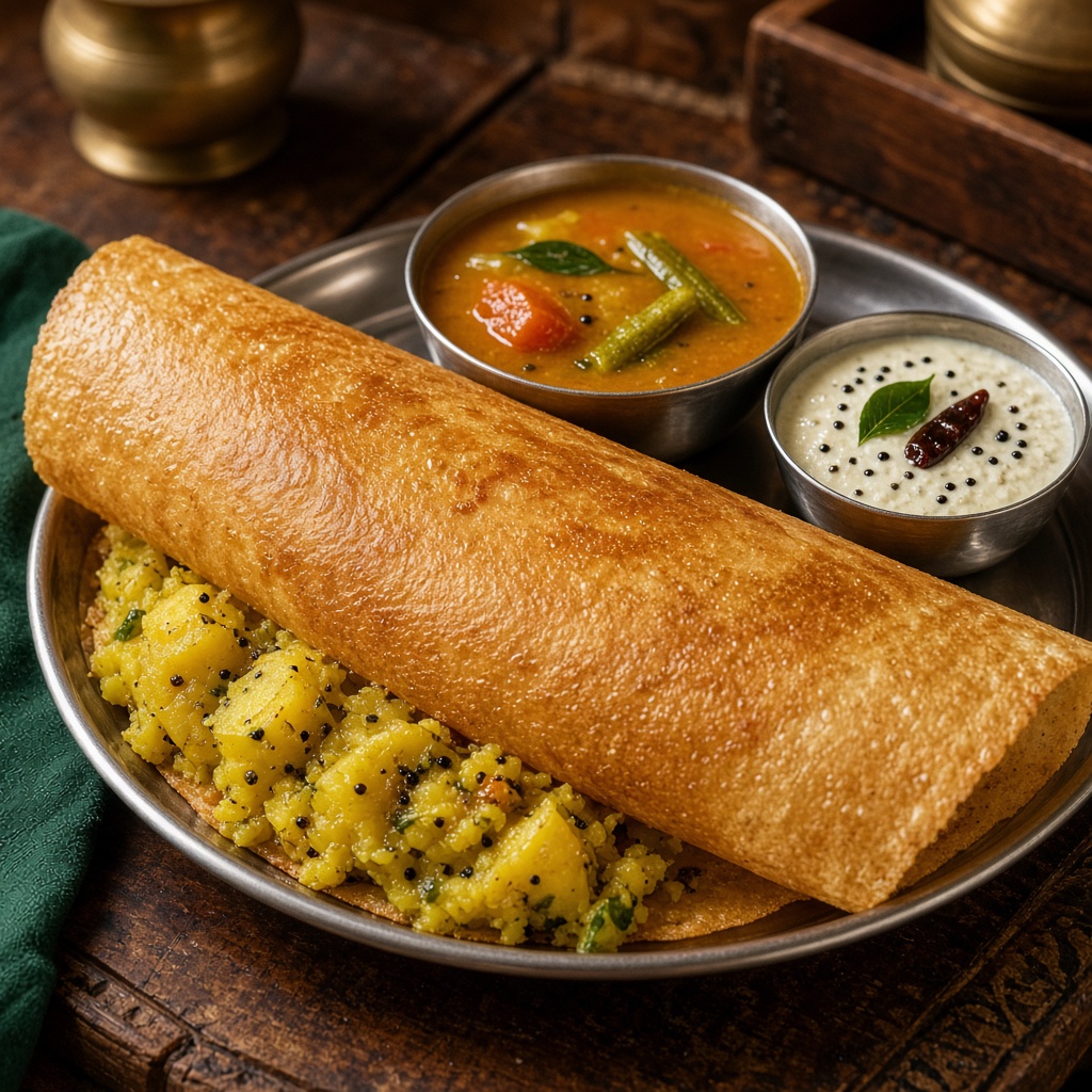 Masala dosa with sambar and chutney